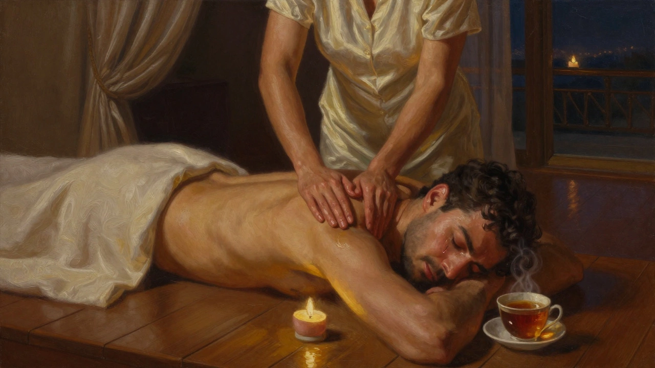 A calming massage session in a luxury hotel suite, warm light, emotional connection, no nudity, only tender human touch.