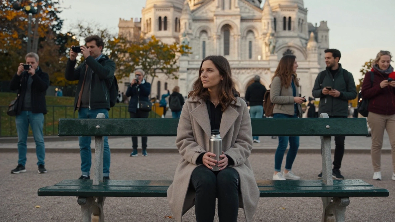 A middle-aged woman sits alone on a Paris park bench, unnoticed amid bustling tourists during golden hour.