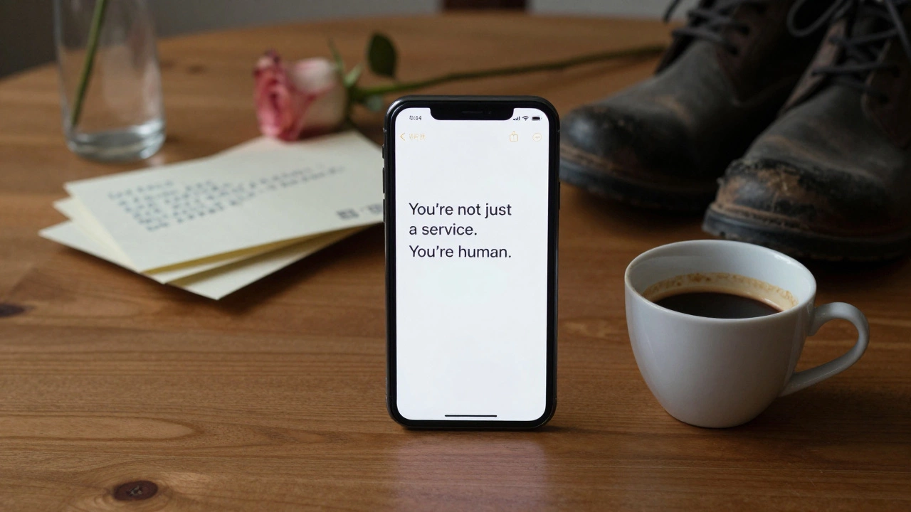 A smartphone displays a heartfelt message beside handwritten letters and a single rose on a wooden table.