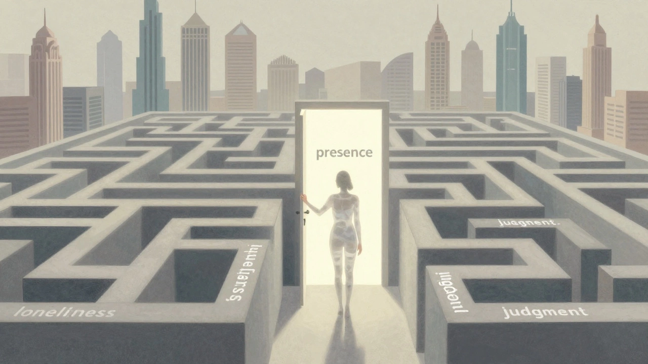 A surreal figure of Robyn Parks standing at the center of a city labyrinth, symbolizing presence amid loneliness and judgment.