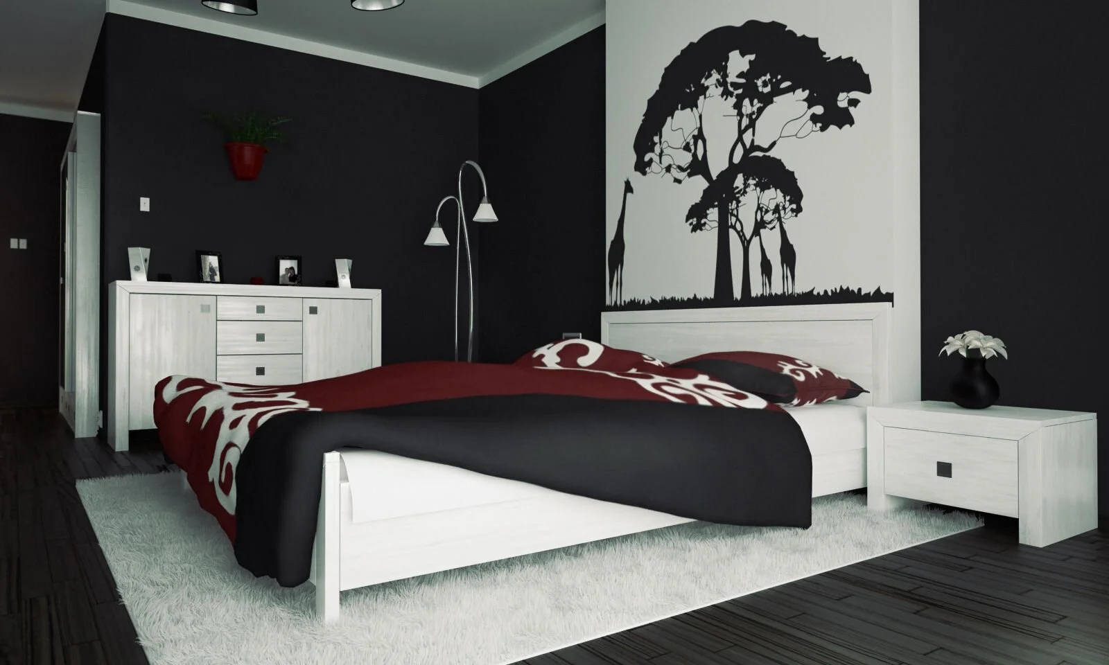 Black Walls And White Bedding Combined With Red Touch For Modern Bedroom Idea Within Waking Imagination In Creating Creations Bedroom Design Ideas Black And White