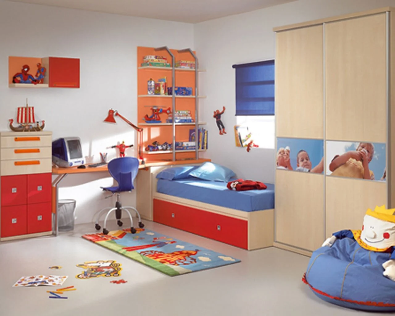 Cheerful Kids Room Decoration Red Storages Animal Rug Creamy Board Blue Bedsheet Blue Pillow Blue Curtain Peach Color Cabinet Clown Seat Children Room Design Bedroom Cheerful And Happening Children R Inside Give The Best Decoration For Children’s Rooms With Best Children’s Room Design Ideas