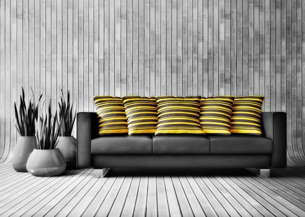 Livingroom Contemporary Living Room Ideas Design With Grey Wooden Plank Wall And Floor Plus Black Sofa With Five Black Yellow Striped Cushion And Three Potted Plants Attractive Design Yellow Living Ro Pertaining To Design Ideas With Black Sofa