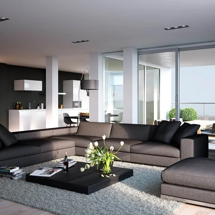 White Wall And Ceiling Color Contemporary Living Room Ideas With L Shaped Dark Sofa On White Fur Rug Square Shape Black Coffee Table With Adorable Decoration Intended For Design Ideas With Black Sofa